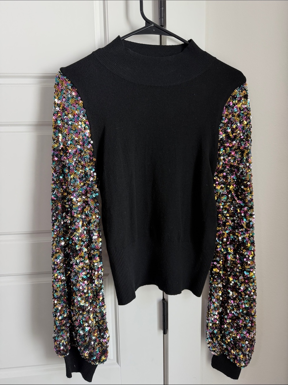 Black Sweater with Multicolor Sequin Sleeves - Women's